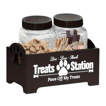Dog Treat Storage Container Set – Rustic Wooden Organizer with 2 Plastic Treat Bins, Airtight Pet Food Storage for Kitchen Counter, Black & White