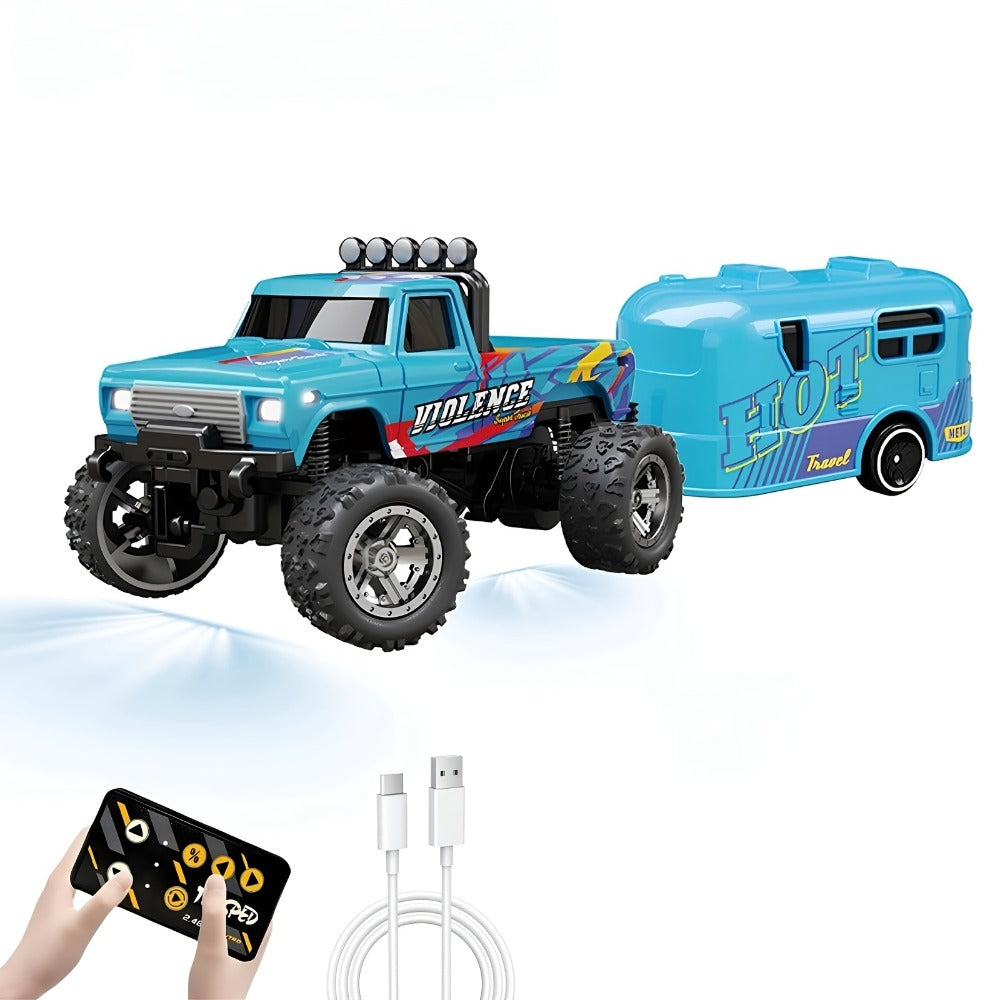 Mini RC Off-Road Truck with Trailer 1:64 Scale Die-Cast Remote Control Car – 2.4GHz Climbing Vehicle with Lights Rechargeable Adjustable Speed | Pocket-Sized RC Toy for Boys | Best Birthday Christmas Gift