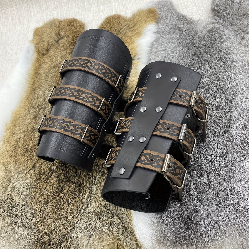 Medieval Faux Leather Bracers Viking Arm Guards – Embossed Renaissance LARP Cosplay Costume Accessory for Halloween, Stage Performance & Photography, Brown & Black, 1pc or 2pcs