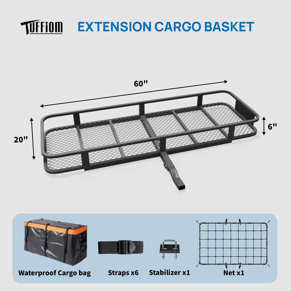 60" L x 20/24" W x 6" H Hitch Mount Cargo Carrier Folding Rack, 500lbs Heavy Duty Trailer Steel Luggage Basket with Waterproof Cargo Bag, Straps, Net & Stabilizer for Camping Travel