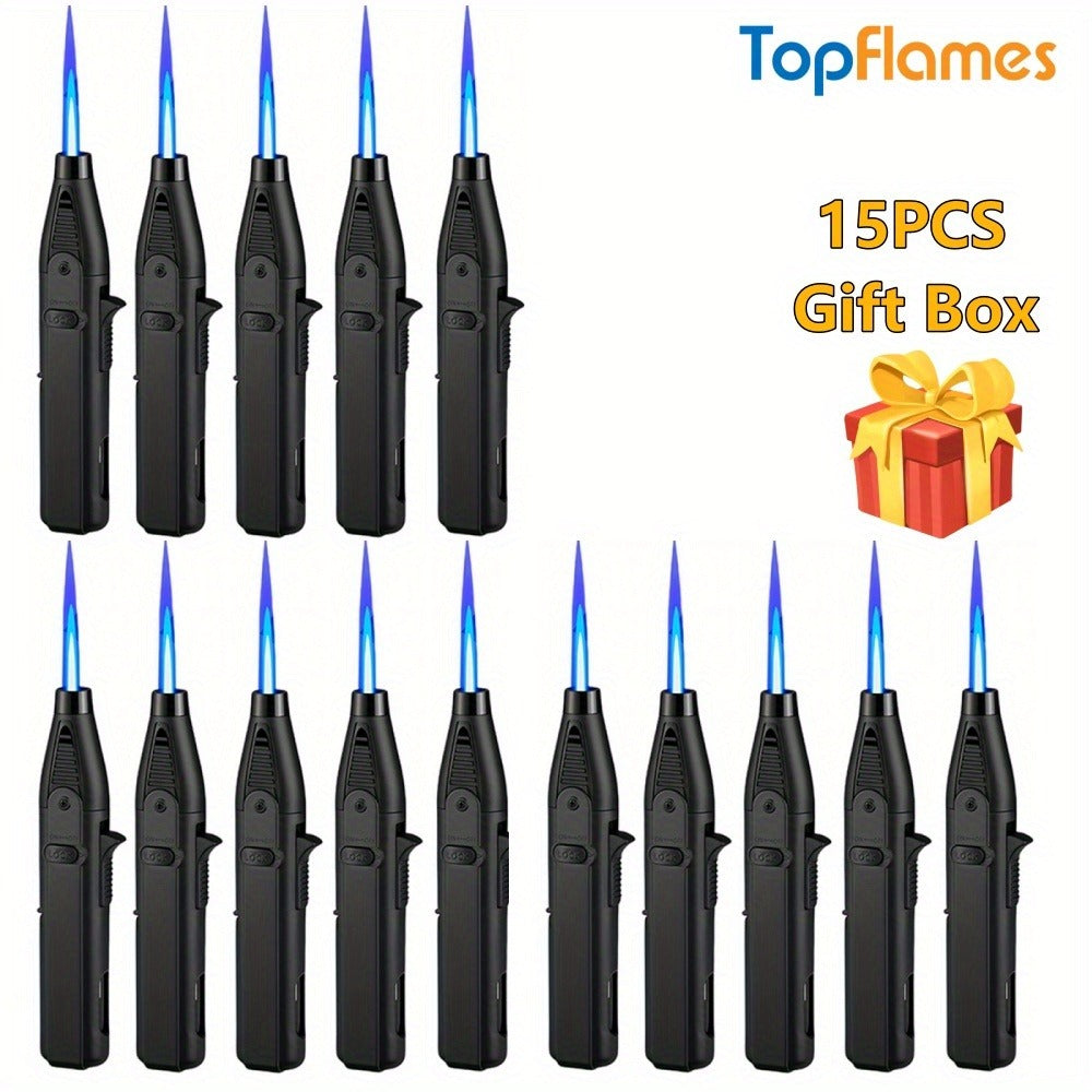 Torch Lighter Set Windproof Jet Flame with Safety Lock & Adjustable Flame - 10/15pcs Long Igniter for Candles, Grill, BBQ & Fireworks | Gift Box | 5 Colors