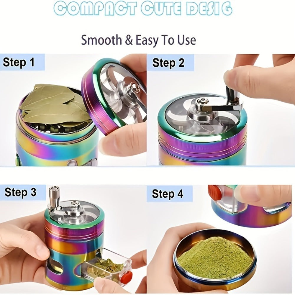Spice Grinder 4-Layer Hand Crank Metal Herb Grinder – Colorful Rainbow Multifunctional Spice Crusher for Kitchen, Manual Spice Mill, Kitchen Gadget Gift