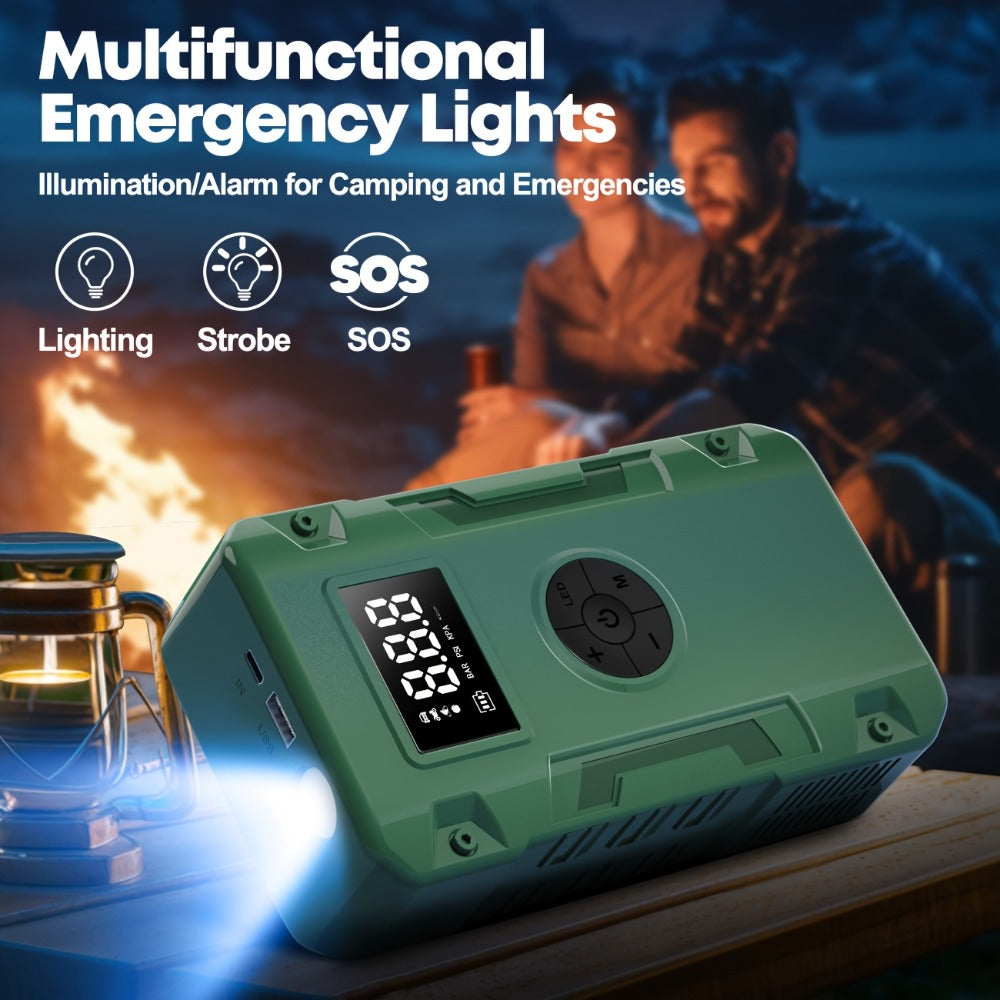 Jump Starter 10000A 7-in-1 with Air Pump – 150PSI Tire Inflator, Portable Battery Booster for Gas & Diesel, USB & USB-C Power Bank, LED Emergency Light