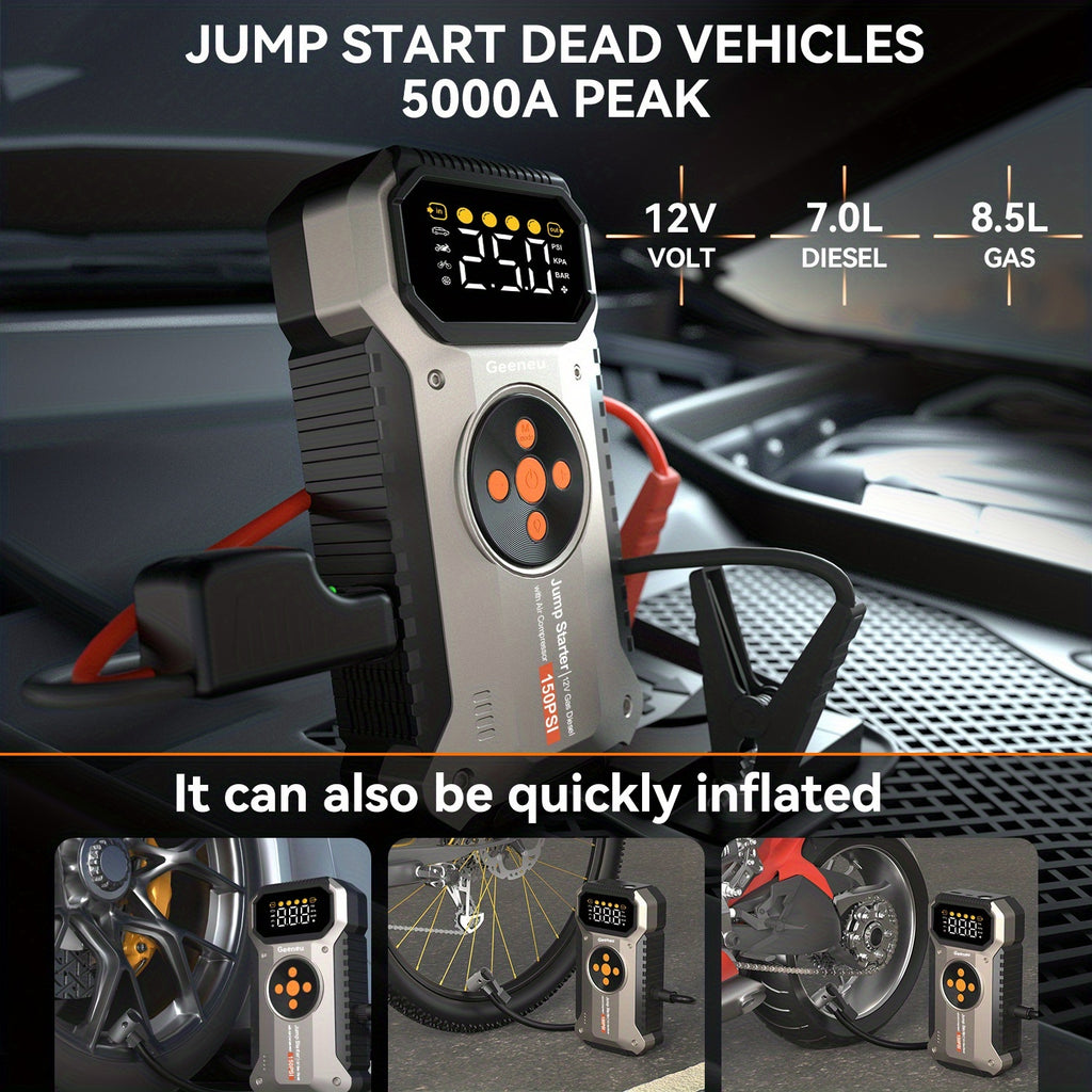 12000mAh Jump Starter for Car, Jump Starter with Air Compressor, Battery Jump Starter Portable5000A Peak 150PSl Digital Tire Inflator, Car Battery Charger Portable for 12V (8.5LGas/1.85gal Diesel) USB Input/output, LED Emergency, Car Accessories