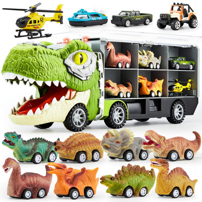 Dinosaur Truck Toy Set 13 PCS – Transport Carrier Truck with Lights & Sounds + 8 Pull-Back Cars + 3 Die-Cast Dino Vehicles + Helicopter | Friction Powered Dinosaur Toy for Boys Ages 3+ | Best Birthday Christmas Gift