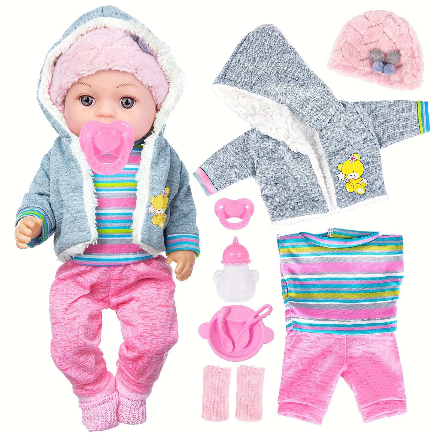 Baby Doll Playset 12 Inch with Clothes Accessories Complete Nurturing Toy Set Hat Coat Romper Tableware Feeding Bottle Pacifier Gift for Girls Toddlers Kids Ages 3+