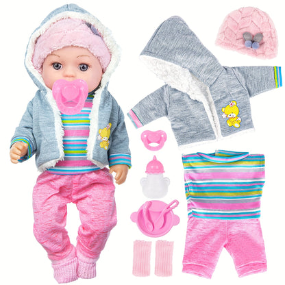 Baby Doll Playset 12 Inch with Clothes Accessories Complete Nurturing Toy Set Hat Coat Romper Tableware Feeding Bottle Pacifier Gift for Girls Toddlers Kids Ages 3+