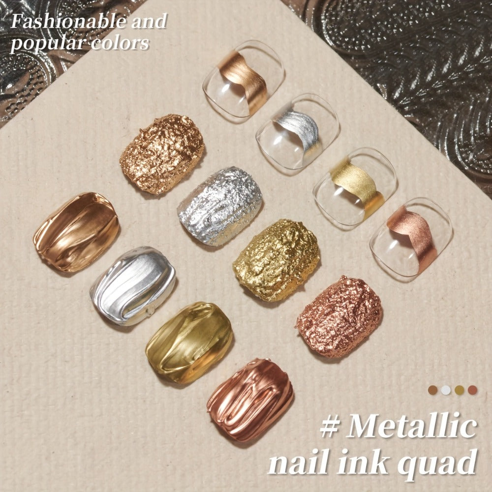 Blooming Gel Nail Art Set 4pcs – Metallic Golden Silver Smudge Liquid, High Saturation No-Wipe Alcohol-Free Gel Polish, Gradient Watercolor Ombre Effect, Long Lasting DIY Salon Nail Design