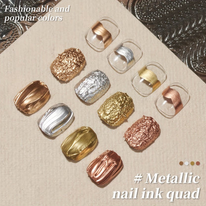 Blooming Gel Nail Art Set 4pcs – Metallic Golden Silver Smudge Liquid, High Saturation No-Wipe Alcohol-Free Gel Polish, Gradient Watercolor Ombre Effect, Long Lasting DIY Salon Nail Design
