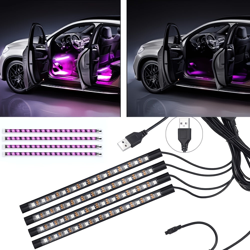 RGB Car Interior Bluetooth USB Light Strip with Wireless Remote And APP Control, 4pcs Dashboard Foot Mood Light Kit, Music Mode, Suitable for Vehicle Interior, SUV, Truck