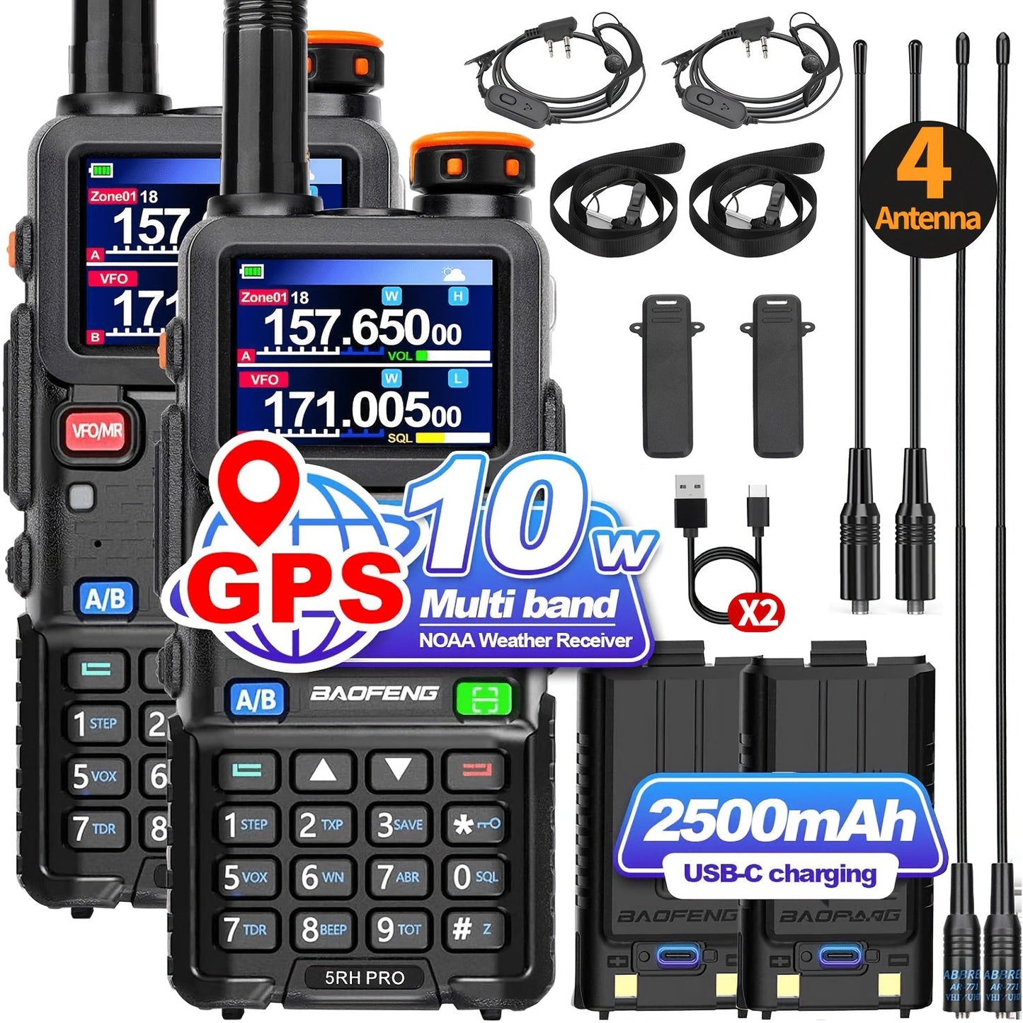 Baofeng Ham Radio 5RH Pro GPS 10W Long Range Walkie Talkie 2 Pack