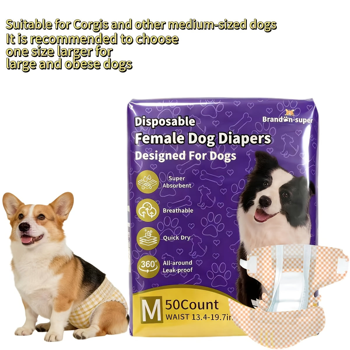 Disposable Dog Diapers 50-Pack for Male & Female Dogs - Super Absorbent Leak-Proof Pet Nappies, Comfortable Fit for Puppies, Senior Dogs, Incontinence & Post-Surgery Recovery, XXS to L