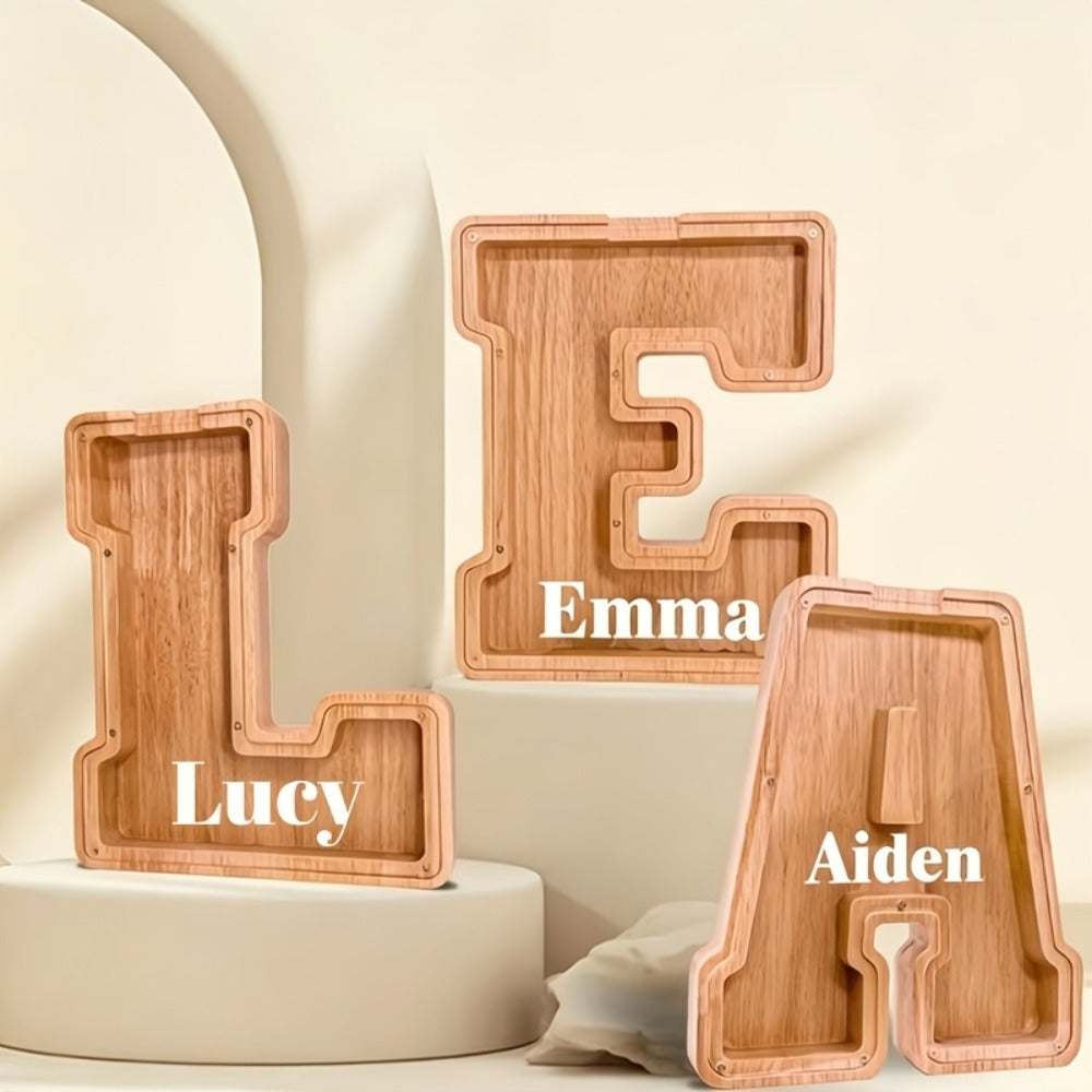 Wooden Letter Penny Bank – Alphabet Coin Bank Savings Box for Kids & Adults, Personalized Money Bank Birthday Gift, A to Z Initial Letter Bank