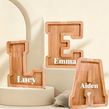 Wooden Letter Penny Bank – Alphabet Coin Bank Savings Box for Kids & Adults, Personalized Money Bank Birthday Gift, A to Z Initial Letter Bank