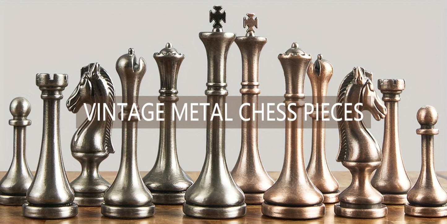 Wooden Chess Set with Metal Pieces & Storage Drawers 12 Inch – 2.5" Kings 2 Extra Queens Vintage Mahogany Board for Adults Beginners, Premium Strategy Game Gift