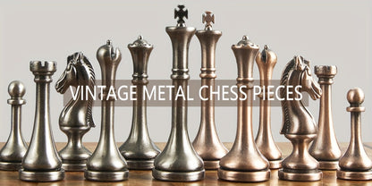 Wooden Chess Set with Metal Pieces & Storage Drawers 12 Inch – 2.5" Kings 2 Extra Queens Vintage Mahogany Board for Adults Beginners, Premium Strategy Game Gift