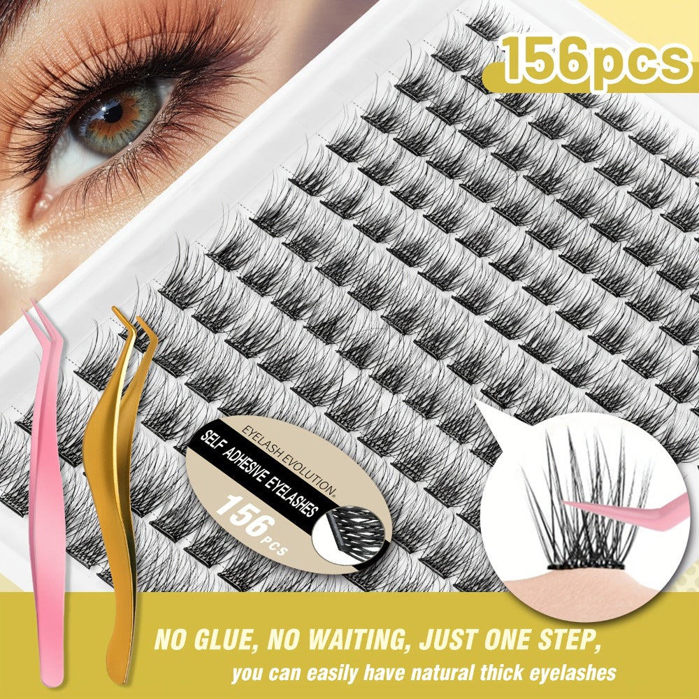 156Pcs No-Glue Lash Clusters Kit — Self-Adhesive Pre-Glued DIY Eyelashes with 2 Tweezers, Reusable Natural Look Cluster Lashes, No Remover No Residue False Eyelash Extension Kit for Women Beginners