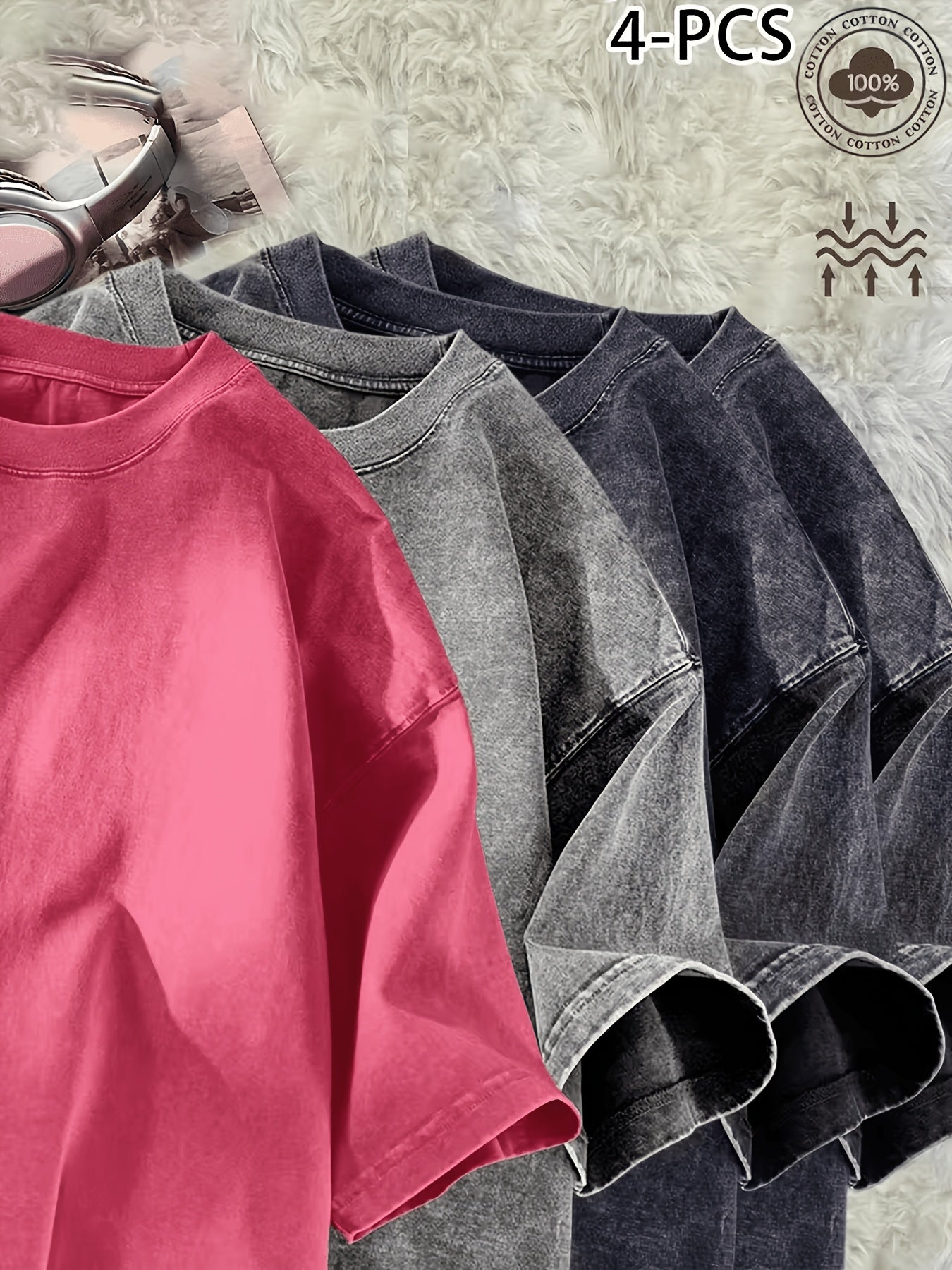 Women's Vintage Washed T-Shirt - 4-Pack Round Neck Short Sleeve