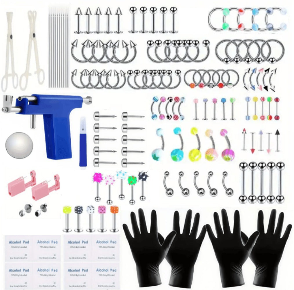 160pcs Body Piercing Kit with Piercing Gun – Professional Jewelry Set for Ear, Nose, Lip & Belly with Stainless Steel & Acrylic Studs, Rings & DIY Piercing Tools