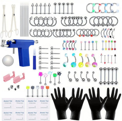 160pcs Body Piercing Kit with Piercing Gun – Professional Jewelry Set for Ear, Nose, Lip & Belly with Stainless Steel & Acrylic Studs, Rings & DIY Piercing Tools