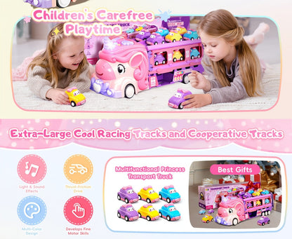 Pink Unicorn Monster Truck Track Set with 8 Princess Cars, Lights & Sounds – Friction Power 2-Player Fold-Out Track Toy for Girls Boys Ages 3+, Birthday Holiday Gift