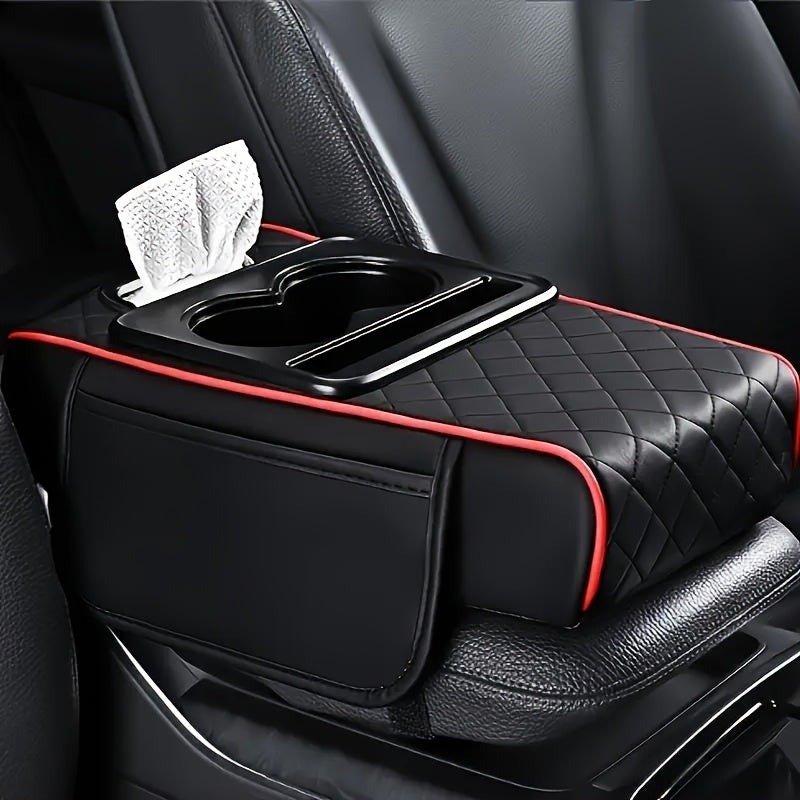 [PU Leather Console Mat] Universal Car Armrest Box Cover, PU Leather Center Console Mat With 2 Side Pockets + 2 Cup Holders, Multi-Functional Storage For Phone/Water Bottle/Cards, Fits Most Car Models, Tissue Box Replacement 3pcs Set-1