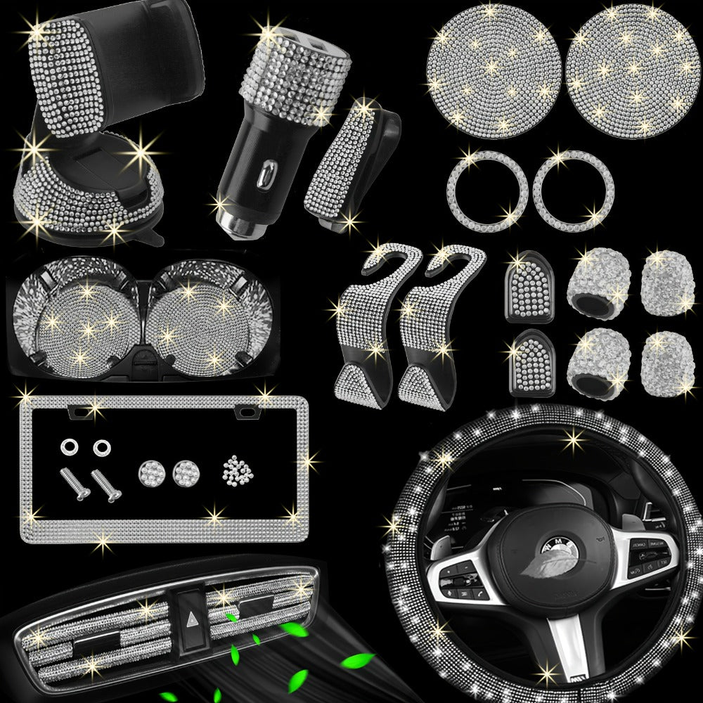 Bling Car Accessories Set 27pcs - Glitter Steering Wheel Cover 15 Inch, Bling License Plate Frame, Phone Holder & Car Coasters for Women & Men