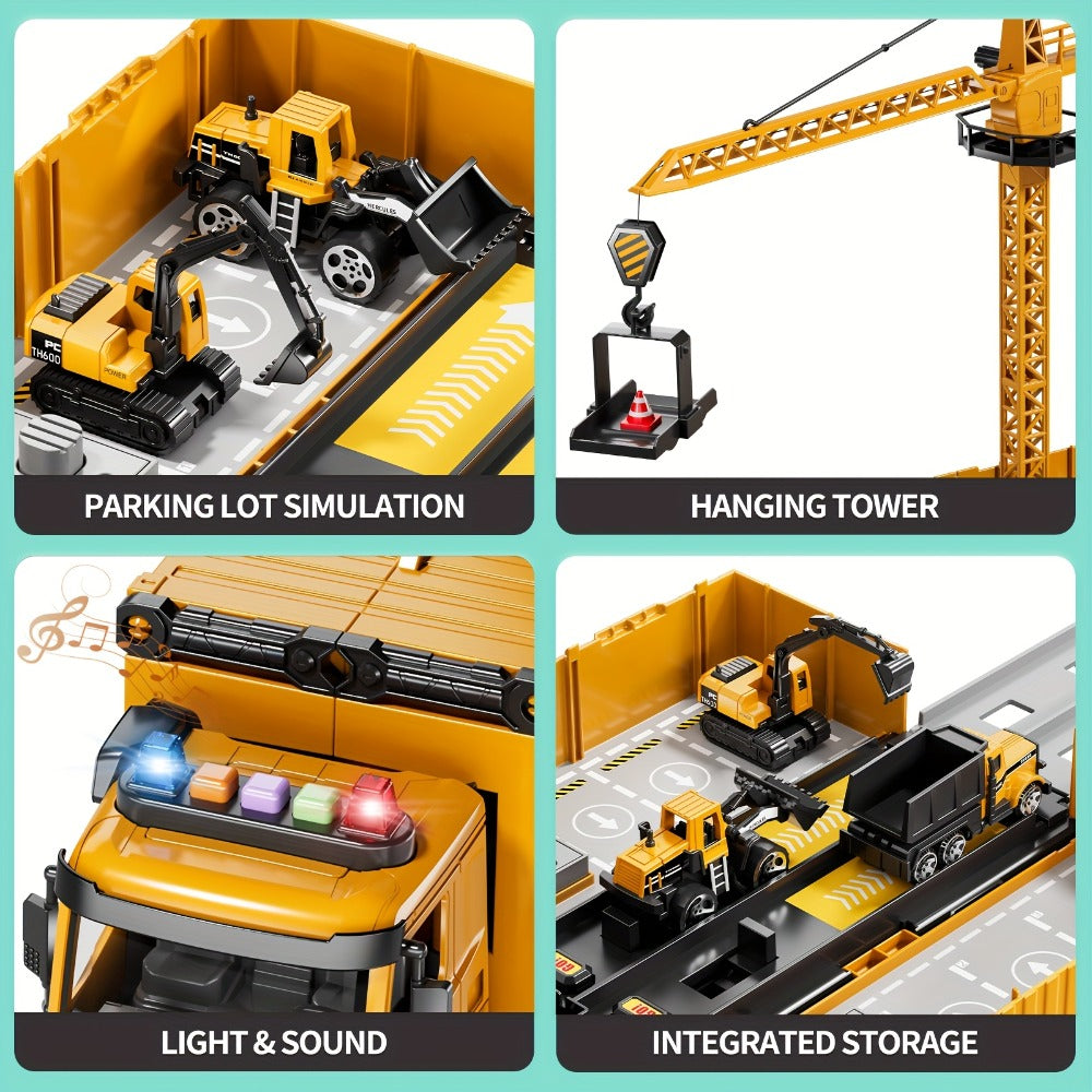 Construction Vehicle Container Truck Toy Set with Crane & Foldable Double Race Track | 4 Alloy Trucks, Realistic Sound & Lights | Kids Toy for Ages 3+