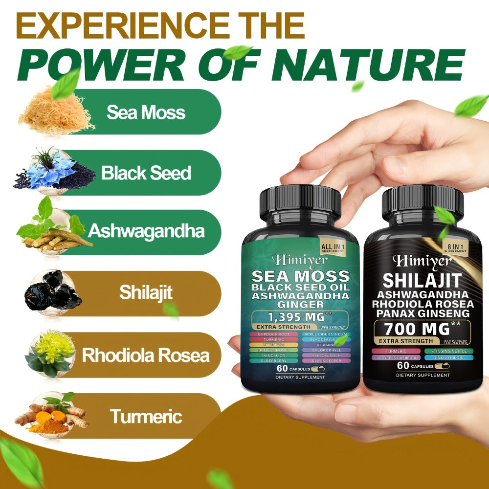 Sea Moss Shilajit Bundle 6-Pack 3-Month Supply with Black Seed Oil Ashwagandha Rhodiola Ginseng Ginger Turmeric - All-in-1 Adaptogen Complex for Energy Immunity & Vitality Men & Women
