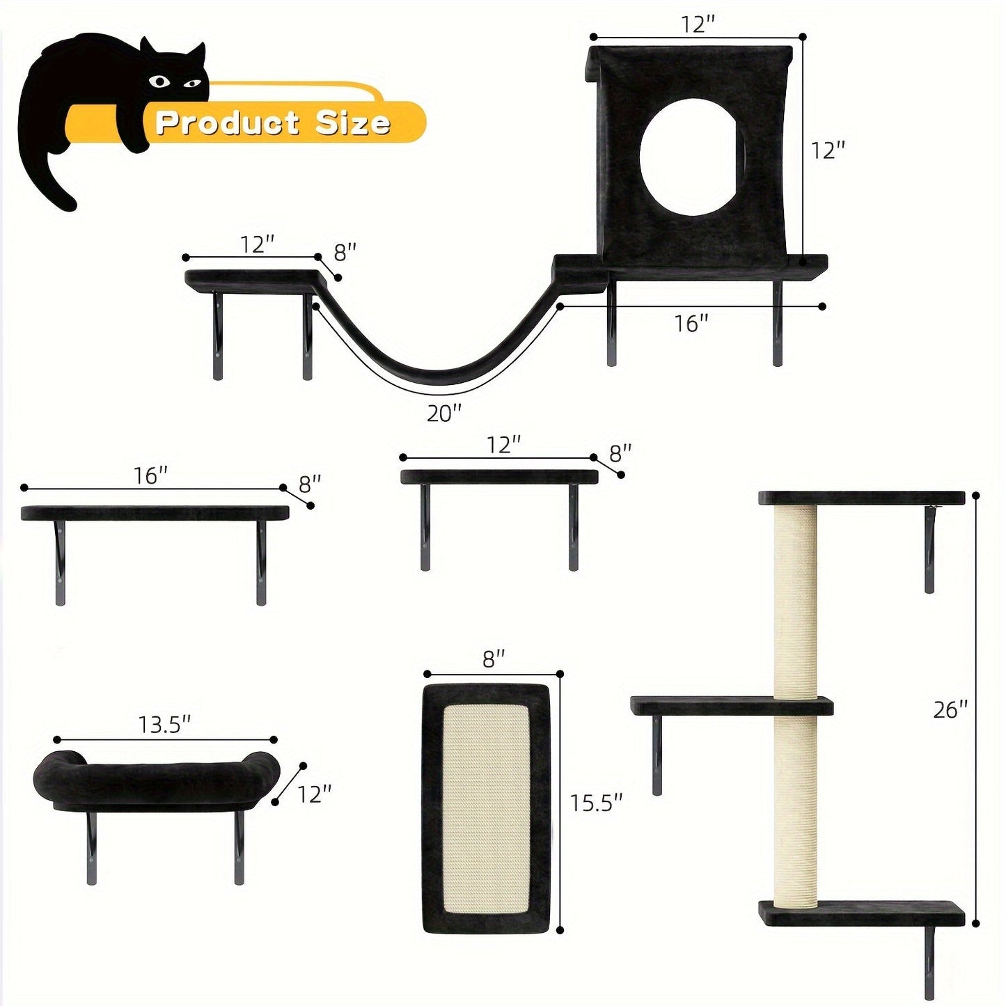Cat Wall Shelf Climbing Set – 7-Piece Deluxe Wall Mounted Cat Furniture with Condo, Scratching Post, Bridge, Ladder & Tunnel for All Cat Sizes