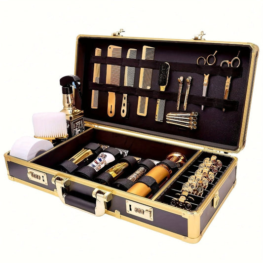Professional Barber Bag Travel Case for Hair Stylists & Barbers — Portable Tool Carrying Case for Clippers, Scissors & Grooming Kit, Spacious Durable Mobile Barber Station Organizer, Black & Golden