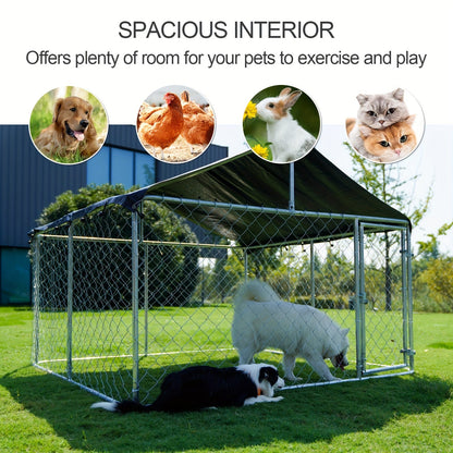 Outdoor Dog Kennel Enclosure Heavy Duty - Galvanized Steel Wire Mesh Dog Cage with Rain & UV-Proof Roof Cover, Secure Lock & Ground Nails, Large Dog Run Fence for Backyard, 3 Sizes Available