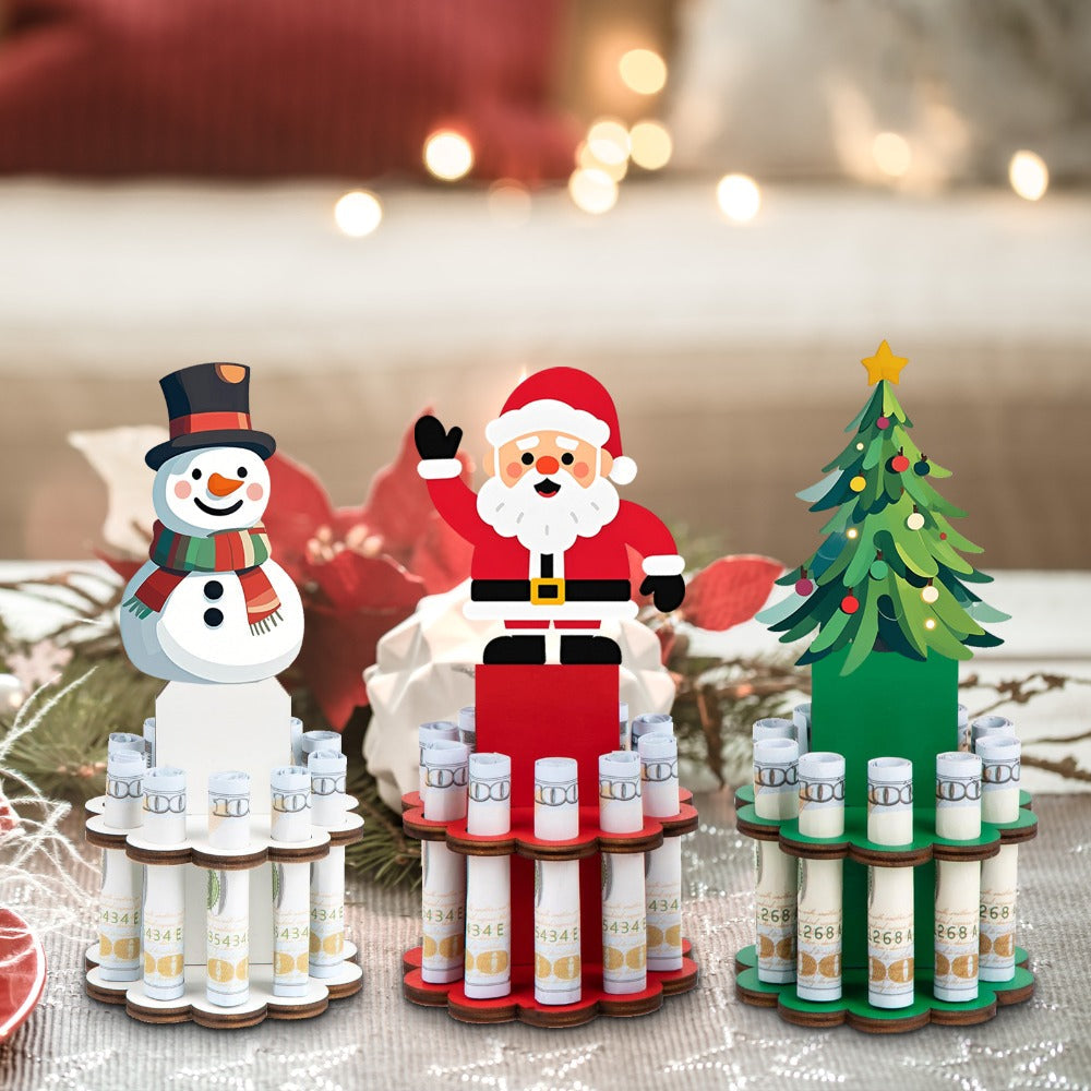 Christmas Money Tree Holder 3-Pack – Wooden Bill Dispenser Ornament with 10 Slots, Holiday Money Gift Display Stand, Table Decor for Winter Party Favors Stocking Stuffers