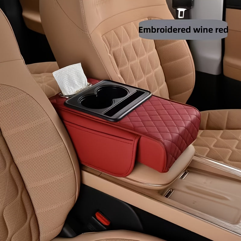 Universal Car Armrest Box Cover, PU Leather Center Console Mat with 2 Side Pockets + 2 Cup Holders + Multi-Functional Tissue Storage Space, Suitable for Phone/Water Bottle/Cards, Compatible with Most Car Models, Car Accessories, Women's Car