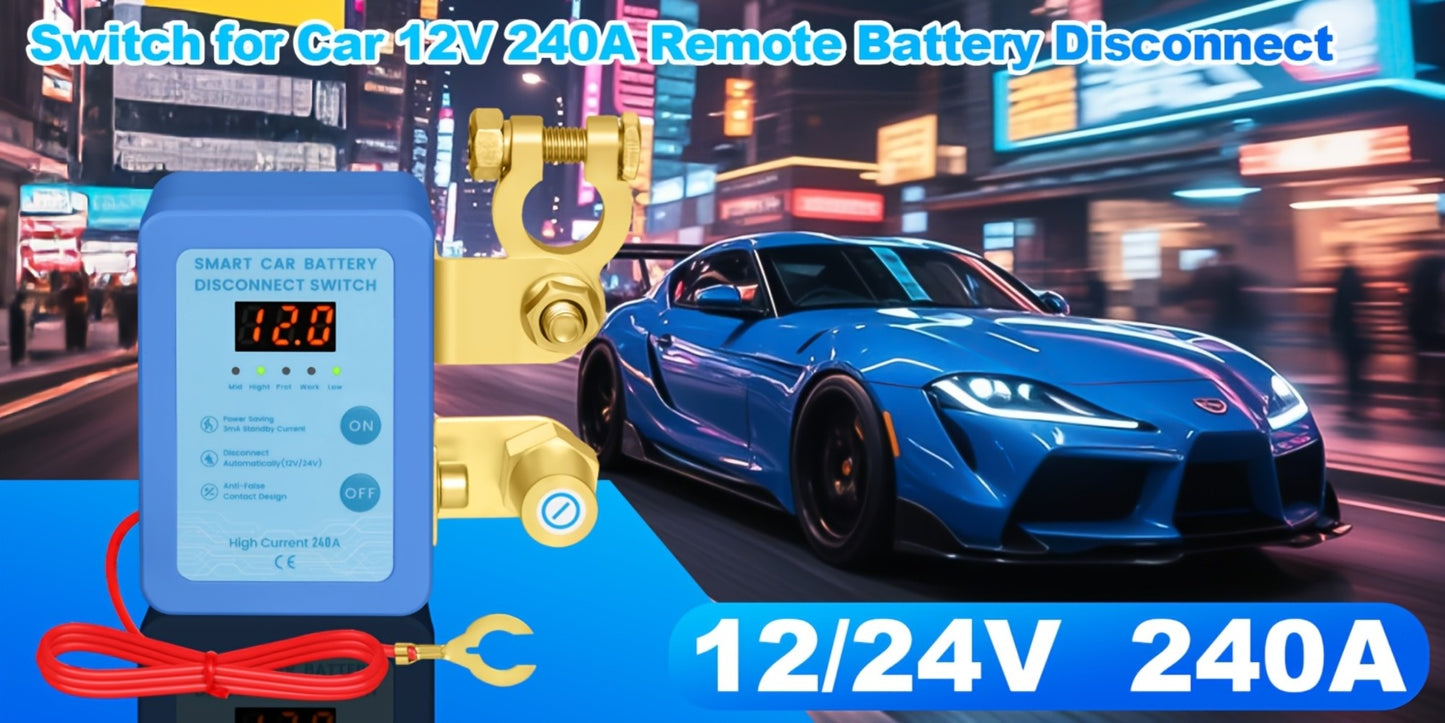 Car Battery Auto Power Off Switch with LED Voltage Display - 12V/24V Anti-Drain Protection, Low Voltage Alarm, 240A Remote Control Battery Disconnect