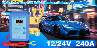 Car Battery Auto Power Off Switch with LED Voltage Display - 12V/24V Anti-Drain Protection, Low Voltage Alarm, 240A Remote Control Battery Disconnect