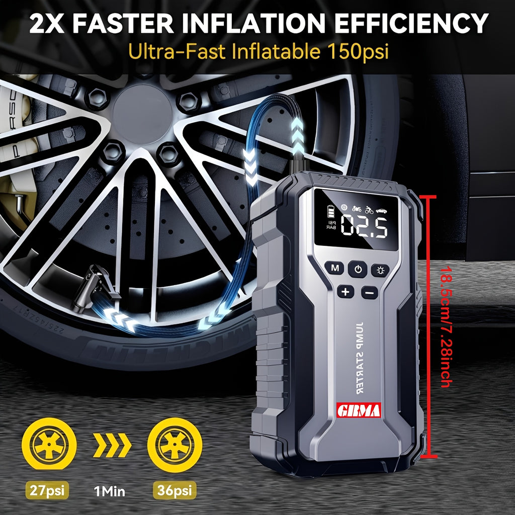 Portable Emergency Power Supply with 7 Functions, Featuring a 150PSI Digital Display. This Car Battery Charger Is Designed for 2.64-Gallon Gasoline Or 2.38-Gallon Diesel Engines, Making It an Ideal Emergency Starter for Vehicles