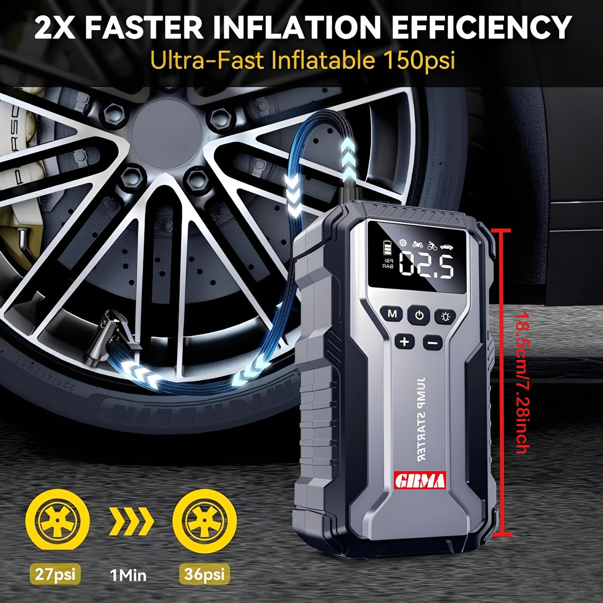 Portable Emergency Power Supply with 7 Functions, Featuring a 150PSI Digital Display. This Car Battery Charger Is Designed for 2.64-Gallon Gasoline Or 2.38-Gallon Diesel Engines, Making It an Ideal Emergency Starter for Vehicles