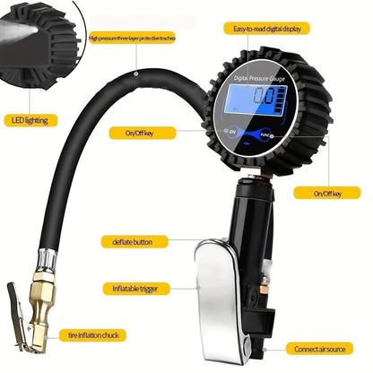 Digital Tire Inflator with Pressure Gauge 200 PSI – Cast Aluminum Pistol Grip Air Chuck, LCD Backlight, 4 Units (PSI/BAR/KPA/KGF), 3 Connectors for Car, Truck, Motorcycle & Bike