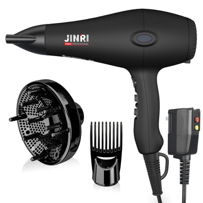 1875W Professional Hair Dryer with Diffuser & Concentrator — Ionic Technology, Salon-Quality Blowout for Curly Hair, Adjustable Cord, US Plug, Black