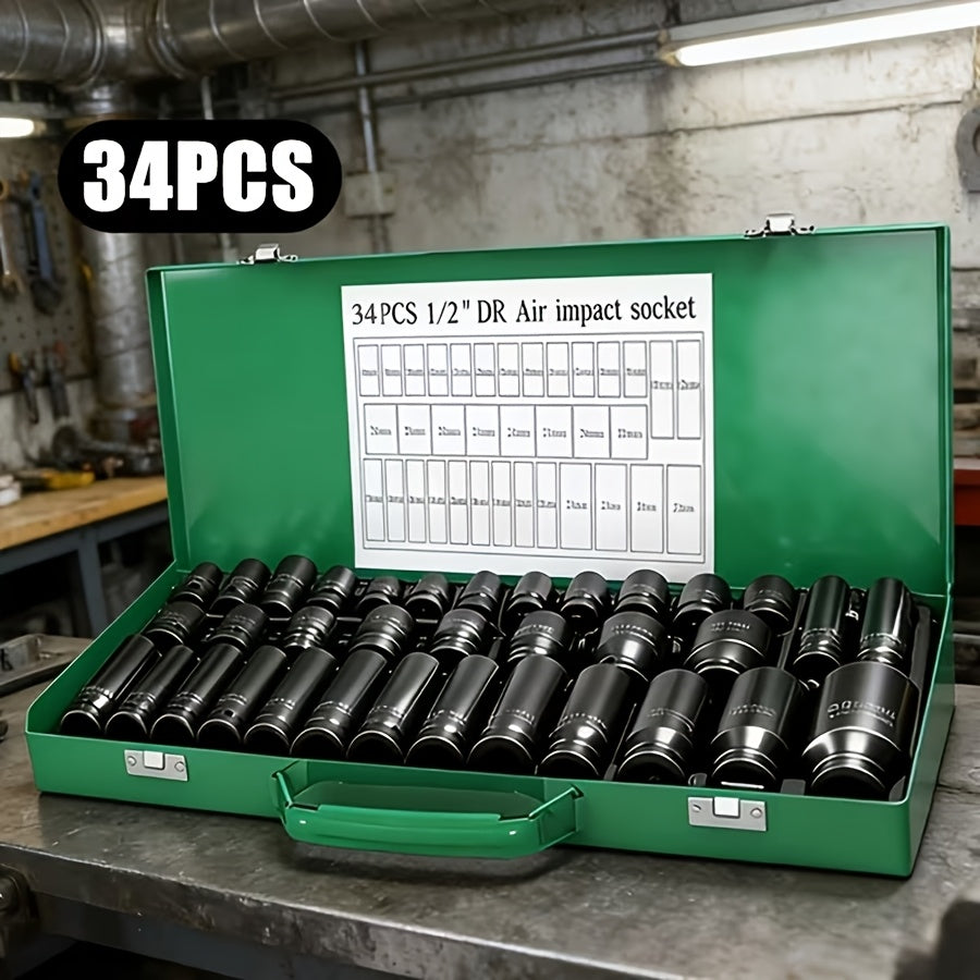 34pcs Impact Socket Set with 1/2" Drive Or 53pcs Tool Set Or 47pcs Impact Socket Set with 3/8" Drive, SAE (5/16" to 3/4") And Metric (8 to 22mm) Sizes, 6-point Design, Including Ratchet Handle, Extension Rod And Connector, Cr-V