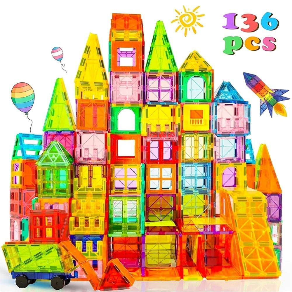Magnetic Tiles Building Set for Kids 3 4 5 6 7 8 – 80 106 136 205pcs Clear 3D Magnet Building Blocks STEM Educational Toy Child-Safe ABS Creative Birthday Christmas Gift Boys Girls