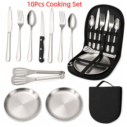 Camping Cookware Set Stainless Steel – 10 & 27 Piece Outdoor Cooking Utensil Kit with Organizer Bag for Camping, BBQ, Picnic, RV, Travel & Backpacking