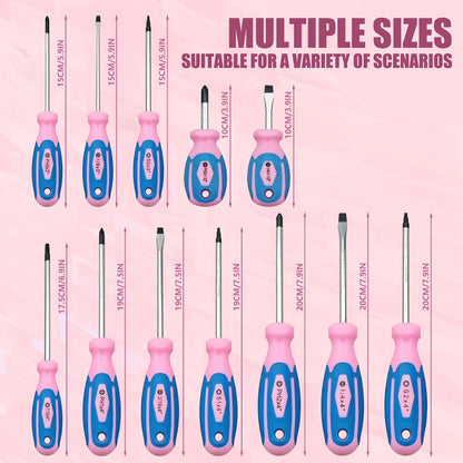 Magnetic Screwdriver Set 12-Piece Pink | Slotted Phillips Torx Tips, Ergonomic Handle, DIY Home Office Garage Tool Kit, Unique Gift for Women & Girls