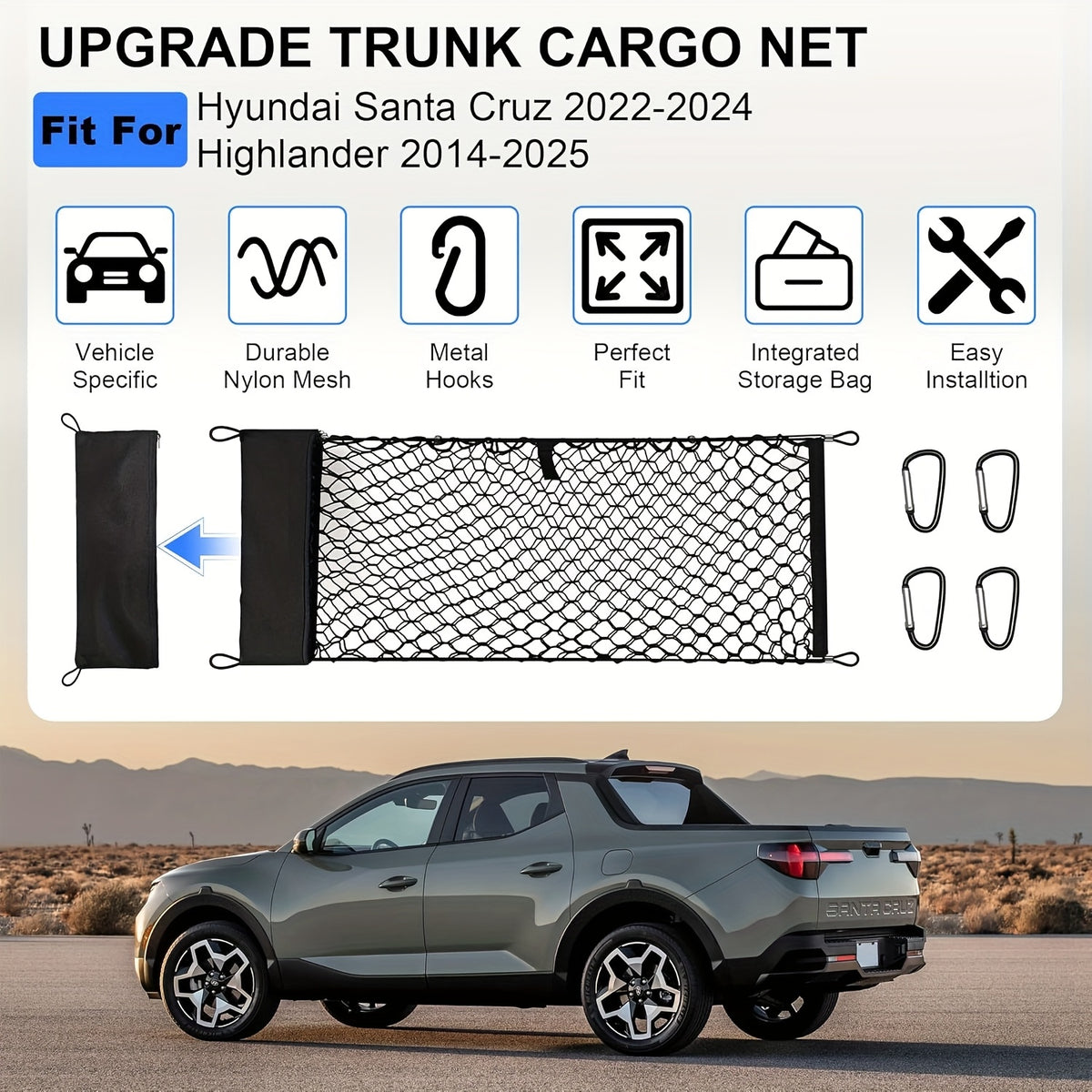 Envelope Style Trunk Cargo Net for Ford Maverick 2022-2024 Accessories, Heavy Duty Carabiners Highly Elastic Truck Bed Mesh Cargo Net- Premium Nylon Car Interior Accessories- Adjustable Elastic Trunk Organizer for SUV, Sedan And Trucks