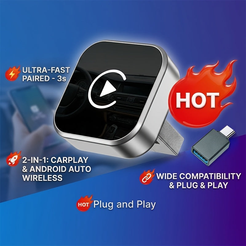2026 Upgraded Wireless CarPlay Adapter, Mini Dongle Wireless CarPlay Adapter for iPhone & Android Auto Adapter 2-in-1, Convert Wired to Wireless Adapter for CarPlay, Plug & Play, USB-C, Low Latency, Auto Connect & Play GPS Digital Media Receiver