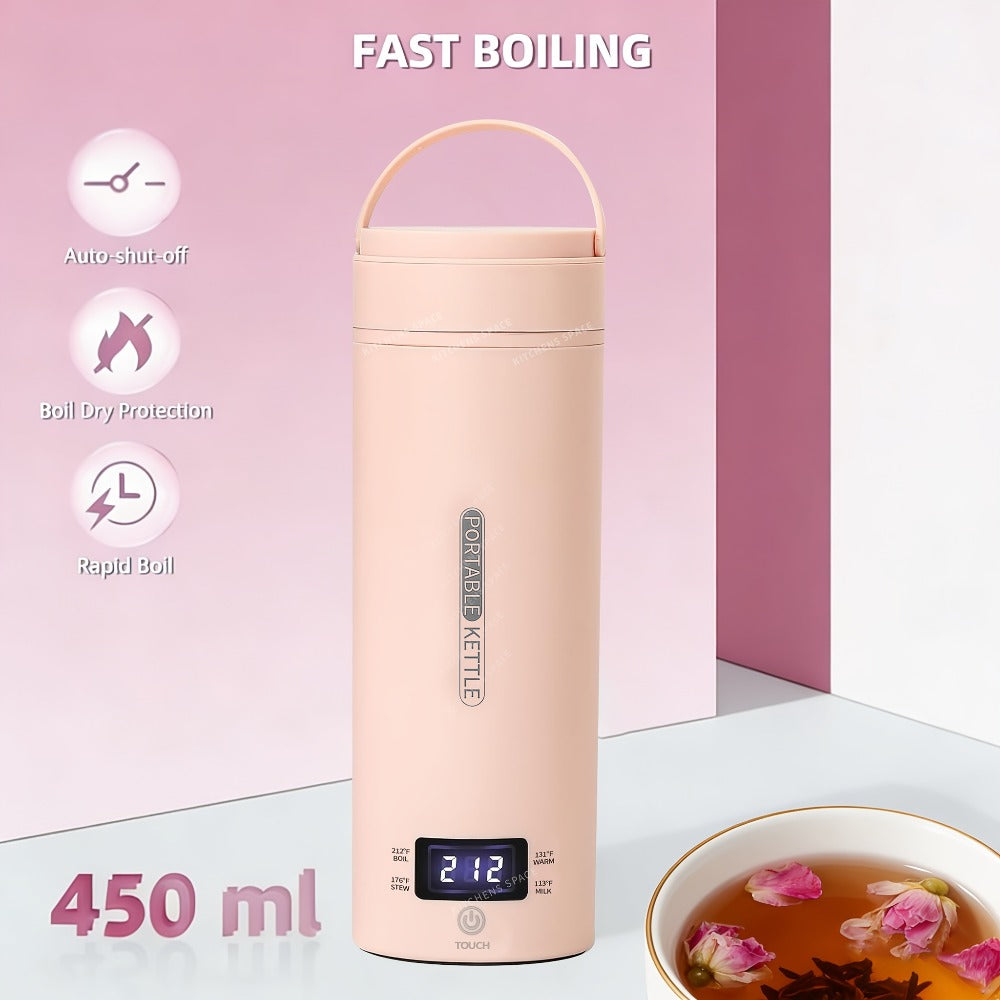 Travel Electric Kettle Mini Portable – Small Water Boiler with 4 Temperature Settings, 304 Stainless Steel, Auto Shut-Off & Boil-Dry Protection, BPA-Free Compact Tea Coffee Kettle with Leather Sleeve – Pink, Black, White