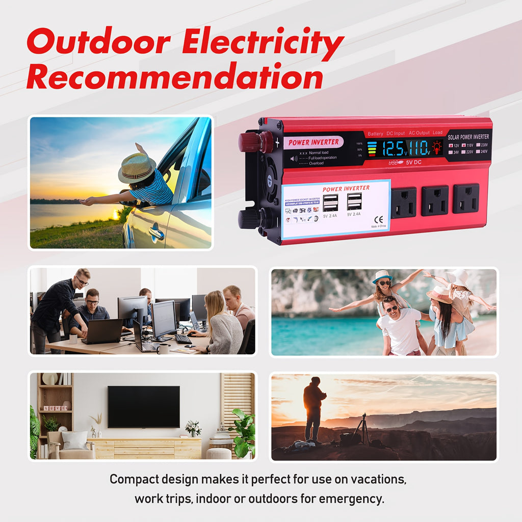 5500W Peak Power Inverter, Car Pure Sine Wave Inverter DC 12V to AC 110V, with LCD Digital Display and 4 USB Ports, 3 US Sockets, Fast Charging for Vehicles Trucks RVs and Outdoor