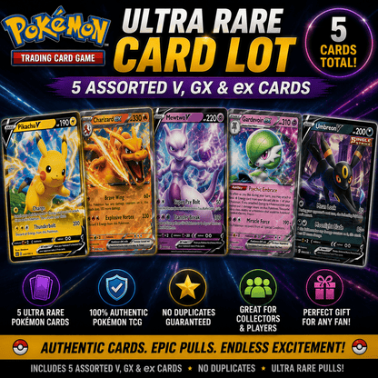 Pokemon Ultra Rare Cards Lot – 5 Authentic V GX & ex Cards No Duplicates, Random Holo Assortment from Multiple Sets, Authentic TCG Collection Gift for Kids & Pokemon Collectors