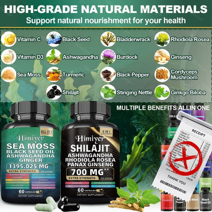 Sea Moss & Shilajit Bundle 6 Bottles – Sea Moss 350mg, Shilajit 300mg & Ashwagandha 200mg | 3-Month Herbal Supplement Kit for Energy, Vitality & Immune Support | All-in-One Wellness Value Pack